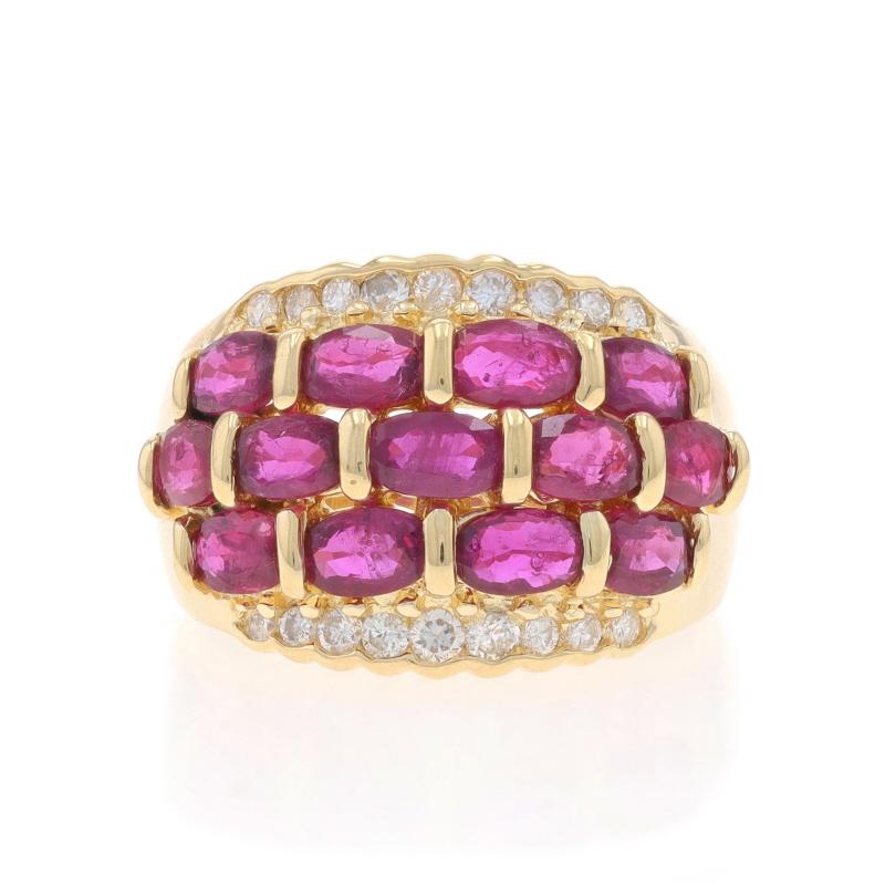 Size: 7 3/4
Sizing Fee: Up 1 size for $50 or Down 1 size for $50

Note: If sized down, the ring's shank will become oval in shape.

Metal Content: 14k Yellow Gold

Stone Information
Natural Rubies
Treatment: Heating
Carat(s): 4.55ctw
Cut: