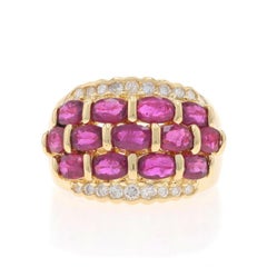Yellow Gold Ruby & Diamond Cluster Cocktail Band - 14k Oval 4.91ctw Scallop Ring