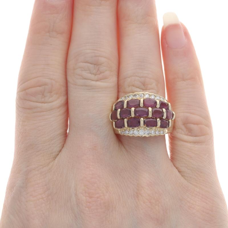 Oval Cut Yellow Gold Ruby & Diamond Cluster Cocktail Band - 14k Oval 4.91ctw Scallop Ring For Sale