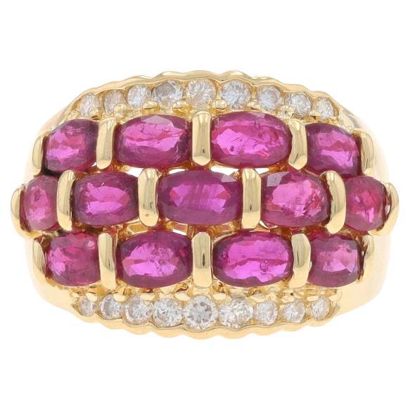 Yellow Gold Ruby & Diamond Cluster Cocktail Band - 14k Oval 4.91ctw Scallop Ring For Sale