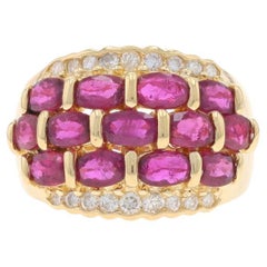 Yellow Gold Ruby & Diamond Cluster Cocktail Band - 14k Oval 4.91ctw Scallop Ring