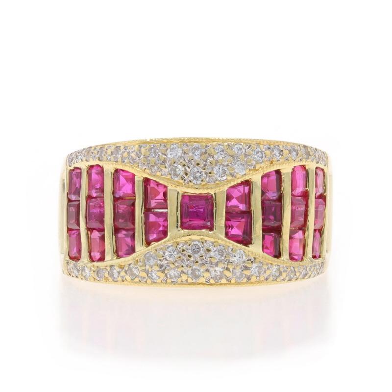 Size: 7

Metal Content: 18k Yellow Gold & 18k White Gold

Stone Information

Natural Rubies
Treatment: Heating
Carat(s): 1.40ctw
Cut: Square
Color: Pinkish Red

Natural Diamonds
Carat(s): .40ctw
Cut: Round Brilliant
Color: F - G
Clarity: SI1 -