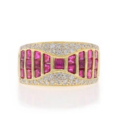 Yellow Gold Ruby Diamond Cluster Cocktail Band - 18k Square 1.80ctw Ring Sz 7