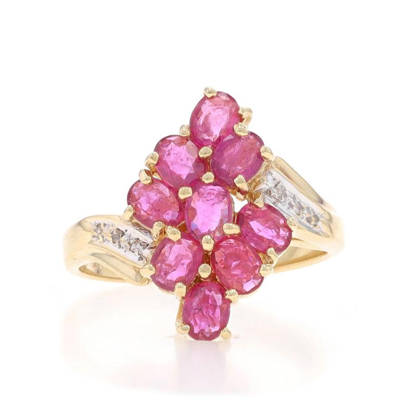 Size: 7
Sizing Fee: Up 2 sizes for $30 or Down 1 size for $30

Metal Content: 10k Yellow Gold & 10k White Gold

Stone Information

Natural Rubies
Treatment: Heating
Carat(s): .99ctw
Cut: Oval
Color: Pinkish Red

Natural Diamonds
Carat(s):