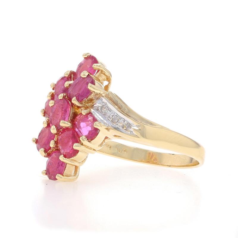 Yellow Gold Ruby Diamond Cluster Cocktail Bypass Ring - 10k Oval 1.02ctw In Excellent Condition For Sale In Greensboro, NC