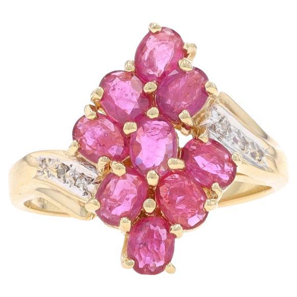 Yellow Gold Ruby Diamond Cluster Cocktail Bypass Ring - 10k Oval 1.02ctw For Sale