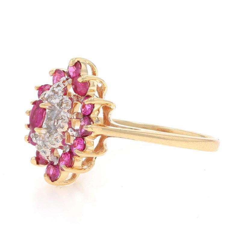 Round Cut Yellow Gold Ruby Diamond Cluster Cocktail Halo Ring - 10k Round Marquise 1.08ctw For Sale