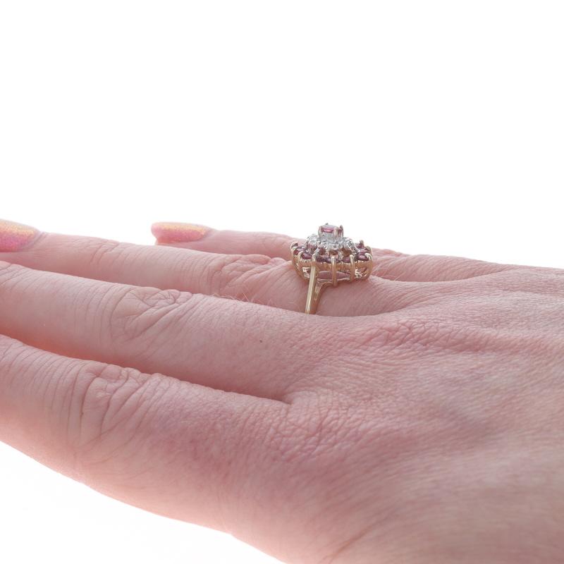 Yellow Gold Ruby Diamond Cluster Cocktail Halo Ring - 10k Round Marquise 1.08ctw In Excellent Condition For Sale In Greensboro, NC