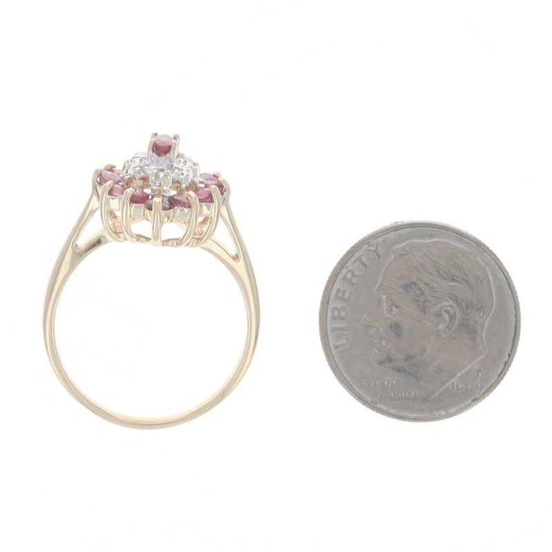 Women's Yellow Gold Ruby Diamond Cluster Cocktail Halo Ring - 10k Round Marquise 1.08ctw For Sale