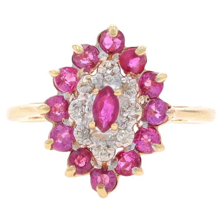 Yellow Gold Ruby Diamond Cluster Cocktail Halo Ring - 10k Round Marquise 1.08ctw
