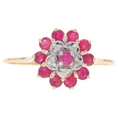 Yellow Gold Ruby Diamond Cluster Cocktail Halo Ring - 14k Round 1.15ctw Floral