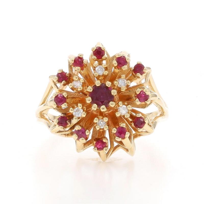 Size: 6 3/4
Sizing Fee: Up 2 sizes for $35 or Down 1 size for $30

Metal Content: 14k Yellow Gold

Stone Information

Natural Rubies
Treatment: Heating
Carat(s): .84ctw
Cut: Round
Color: Purplish Red

Natural Diamonds
Carat(s): .09ctw
Cut: