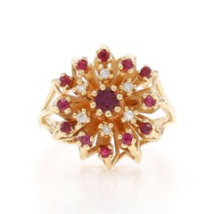 Yellow Gold Ruby Diamond Cluster Cocktail Halo Ring - 14k Round .93ctw Flower