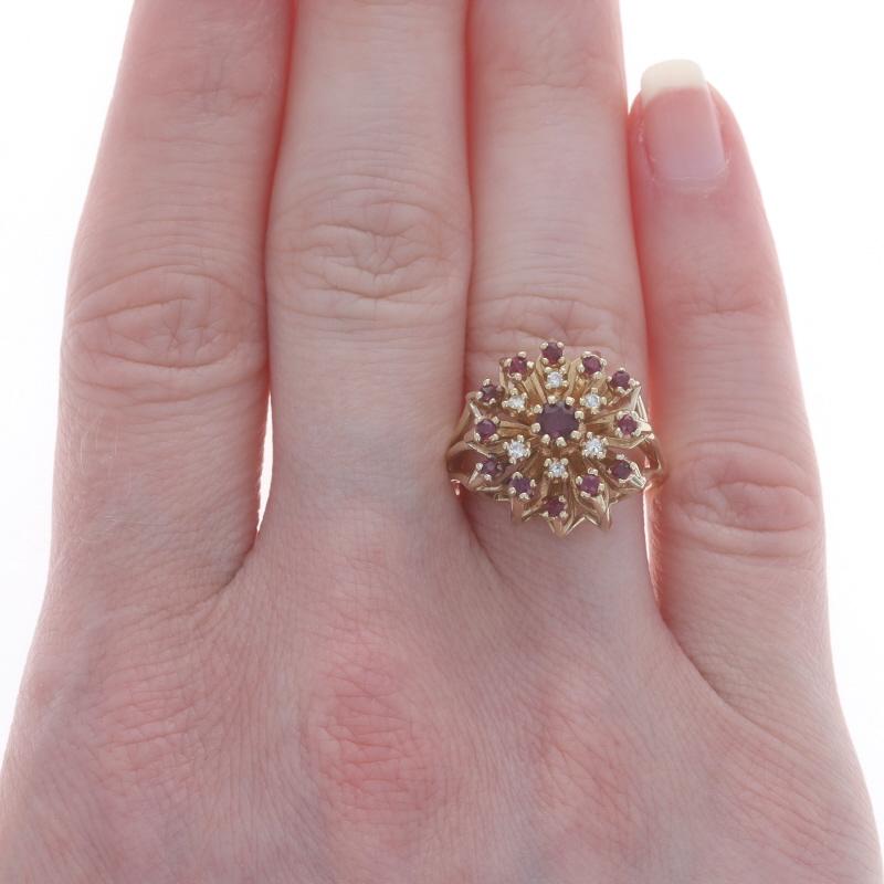 Round Cut Yellow Gold Ruby Diamond Cluster Cocktail Halo Ring - 14k Round .93ctw Flower For Sale
