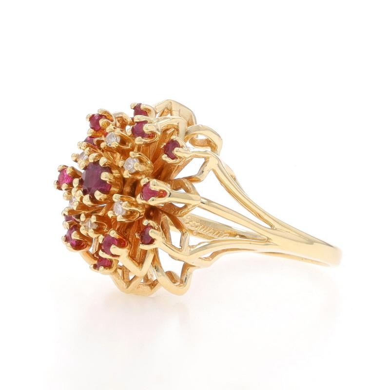 Yellow Gold Ruby Diamond Cluster Cocktail Halo Ring - 14k Round .93ctw Flower In Excellent Condition For Sale In Greensboro, NC