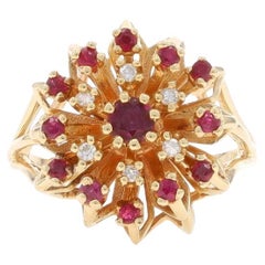 Yellow Gold Ruby Diamond Cluster Cocktail Halo Ring - 14k Round .93ctw Flower