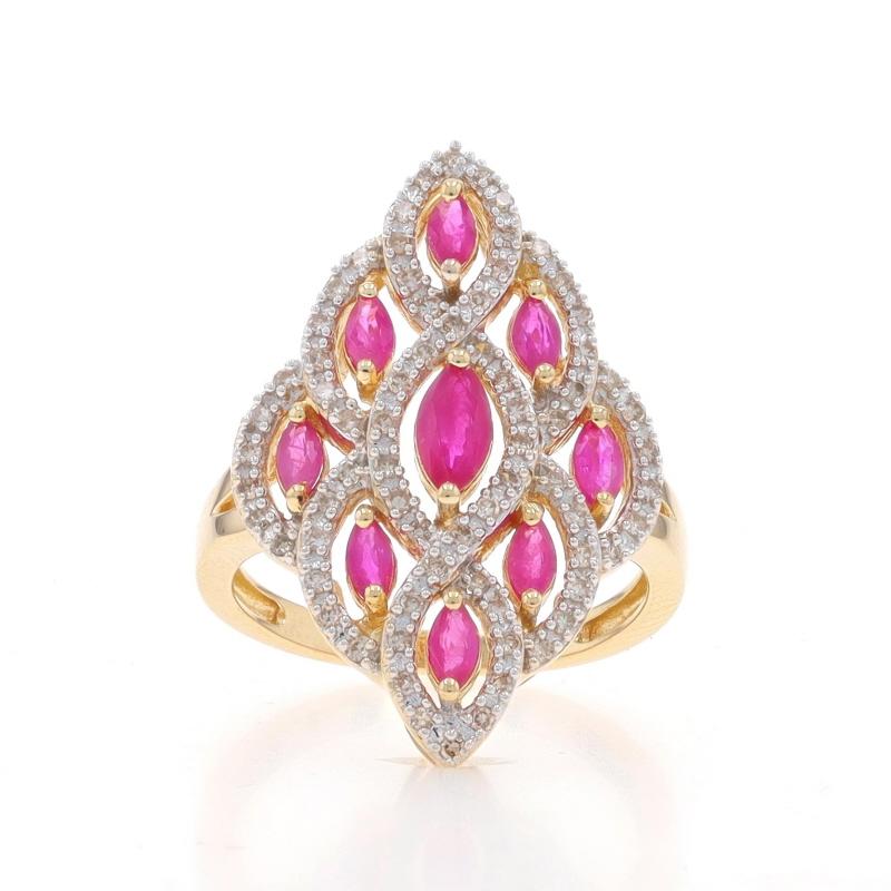Size: 7
Sizing Fee: Up 2 sizes for $35 or Down 1 size for $35

Metal Content: 14k Yellow Gold & 14k White Gold

Stone Information

Natural Rubies
Treatment: Heating
Carat(s): 1.40ctw
Cut: Marquise
Color: Pinkish Red

Natural Diamonds
Carat(s):