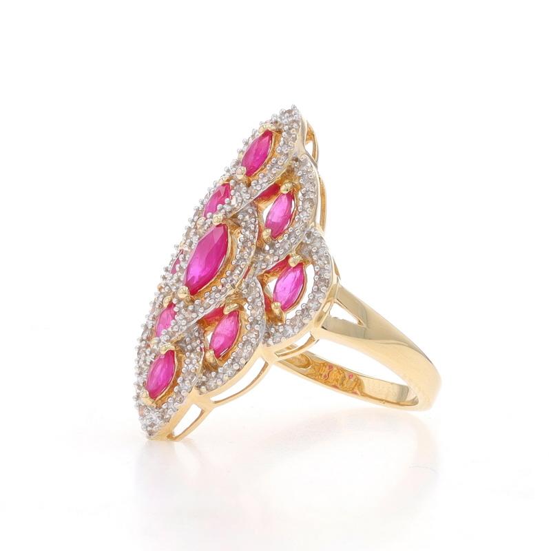 Yellow Gold Ruby Diamond Cluster Cocktail Ring - 14k Marquise 1.96ctw In Excellent Condition For Sale In Greensboro, NC