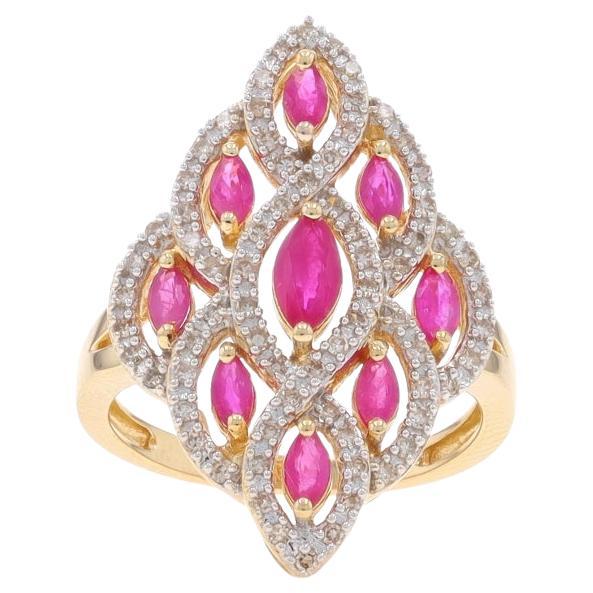 Yellow Gold Ruby Diamond Cluster Cocktail Ring - 14k Marquise 1.96ctw For Sale