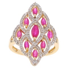 Yellow Gold Ruby Diamond Cluster Cocktail Ring - 14k Marquise 1.96ctw