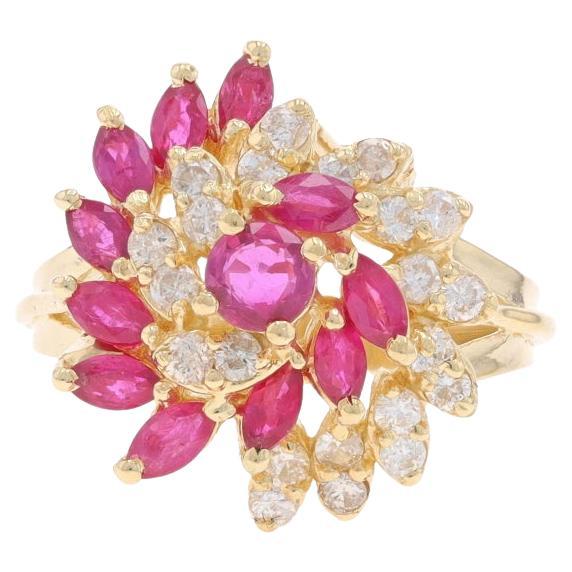 Yellow Gold Ruby Diamond Cluster Cocktail Ring - 14k Marquise & Rnd 1.4ctw Swirl