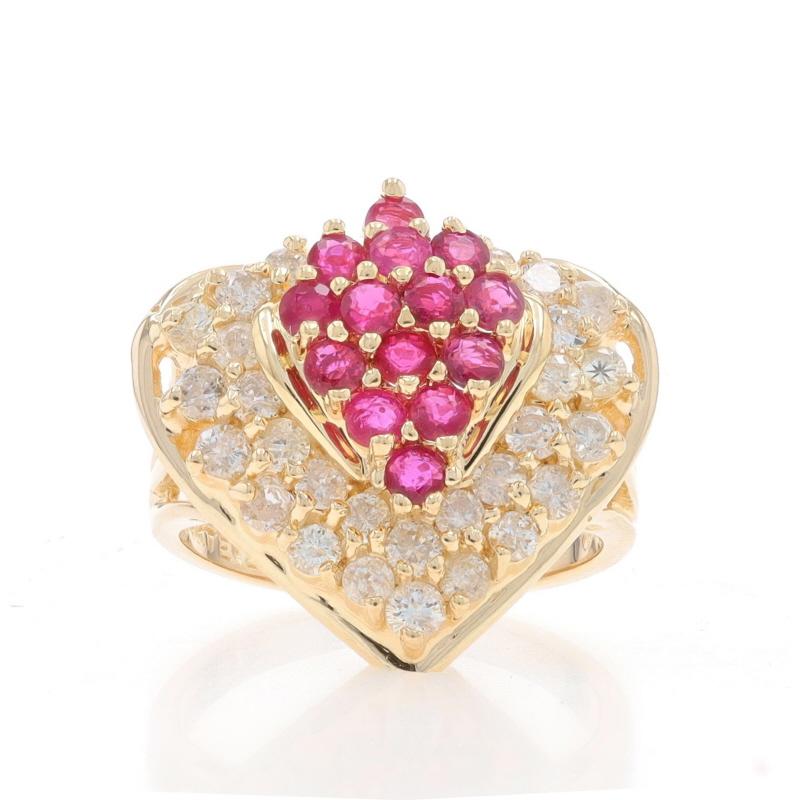 Size: 6
Sizing Fee: Up 2 sizes for $40 or Down 1 size for $30

Metal Content: 14k Yellow Gold

Stone Information

Natural Rubies
Treatment: Heating
Carat(s): 1.12ctw
Cut: Round
Color: Pinkish Red

Natural Diamonds
Carat(s): .92ctw
Cut: Round