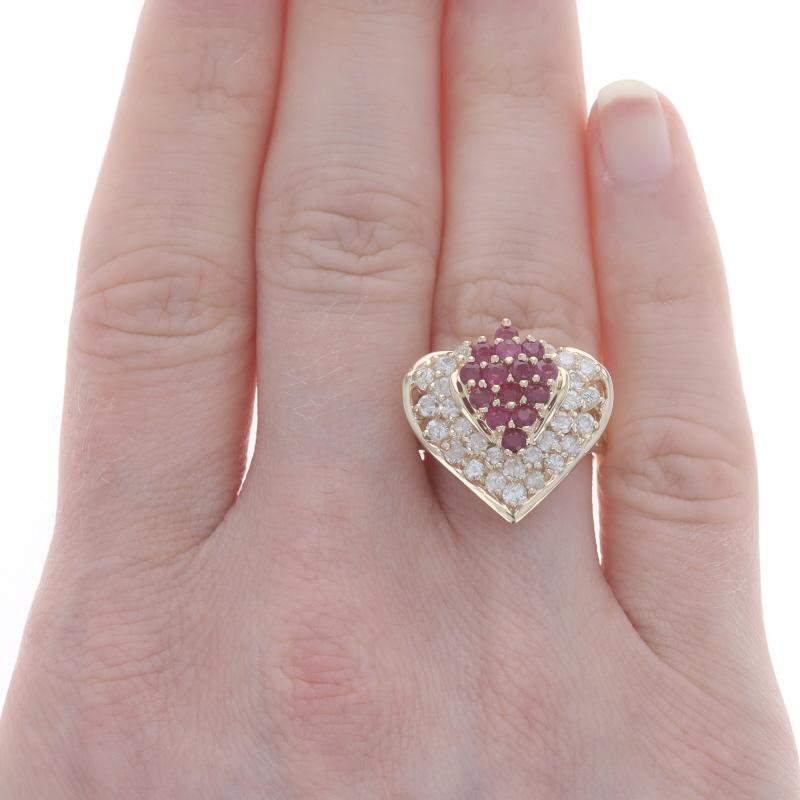 Round Cut Yellow Gold Ruby Diamond Cluster Cocktail Ring - 14k Round 2.04ctw Heart Leaf For Sale