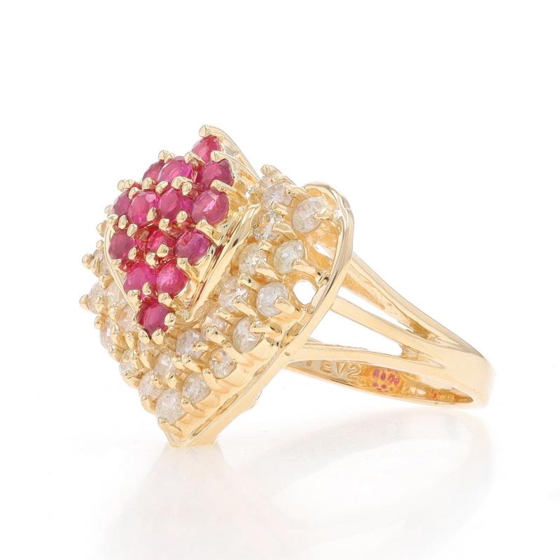 Yellow Gold Ruby Diamond Cluster Cocktail Ring - 14k Round 2.04ctw Heart Leaf In Excellent Condition For Sale In Greensboro, NC