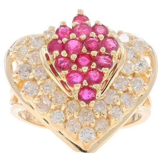 Yellow Gold Ruby Diamond Cluster Cocktail Ring - 14k Round 2.04ctw Heart Leaf