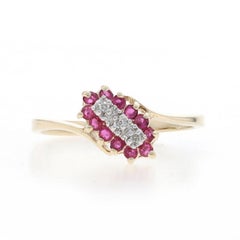 Yellow Gold Ruby Diamond Cluster Halo Bypass Ring - 10k Round .14ctw