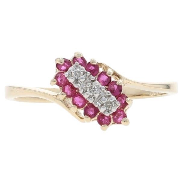 Yellow Gold Ruby Diamond Cluster Halo Bypass Ring - 10k Round .14ctw