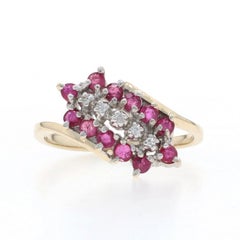 Yellow Gold Ruby Diamond Cluster Halo Bypass Ring - 10k Round .38ctw