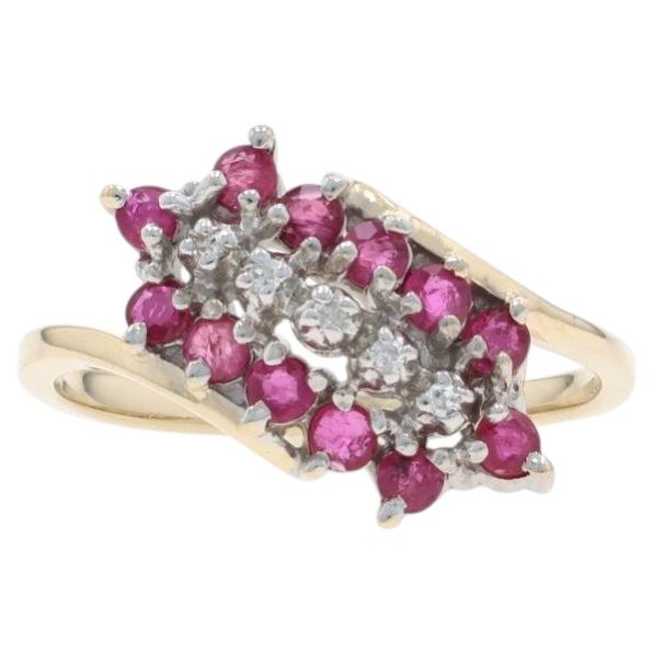 Yellow Gold Ruby Diamond Cluster Halo Bypass Ring - 10k Round .38ctw For Sale
