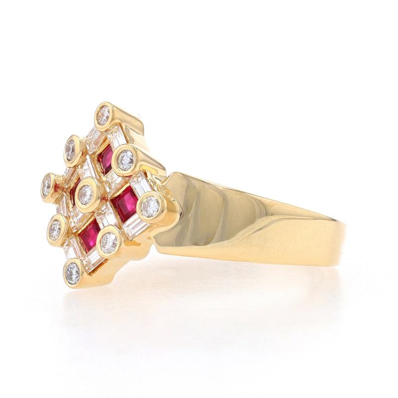 Square Cut Yellow Gold Ruby & Diamond Cluster Halo Cocktail Ring 18k Sq 1.17ctw Lattice Sz7 For Sale
