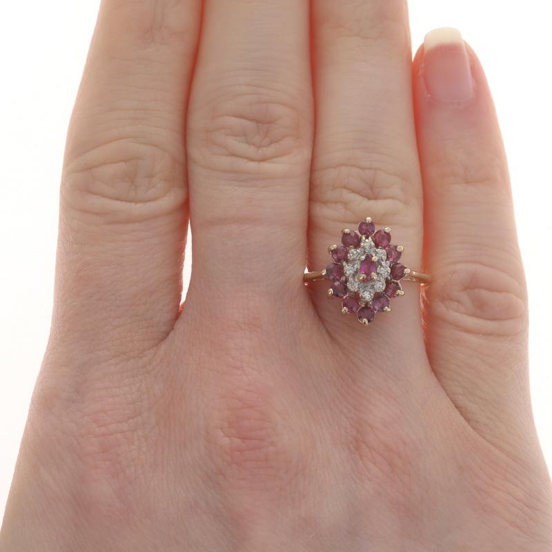 Round Cut Yellow Gold Ruby Diamond Cluster Halo Ring - 10k Marquise & Round 1.13ctw For Sale