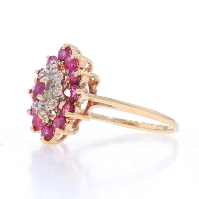 Yellow Gold Ruby Diamond Cluster Halo Ring - 10k Marquise & Round 1.13ctw In Excellent Condition For Sale In Greensboro, NC