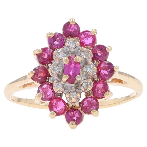 Yellow Gold Ruby Diamond Cluster Halo Ring - 10k Marquise & Round 1.13ctw For Sale