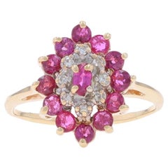 Yellow Gold Ruby Diamond Cluster Halo Ring - 10k Marquise & Round 1.13ctw