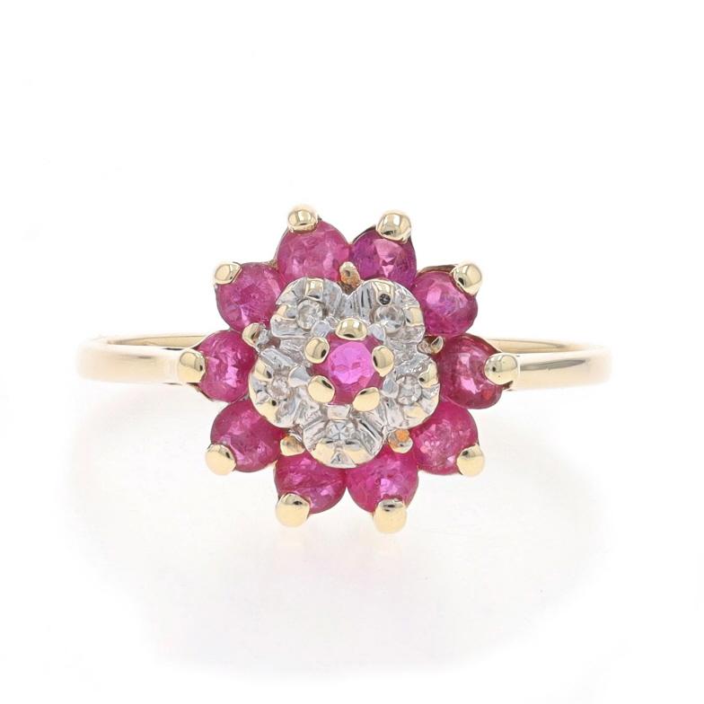 Yellow Gold Ruby Diamond Cluster Halo Ring - 10k Round .88ctw Tiered