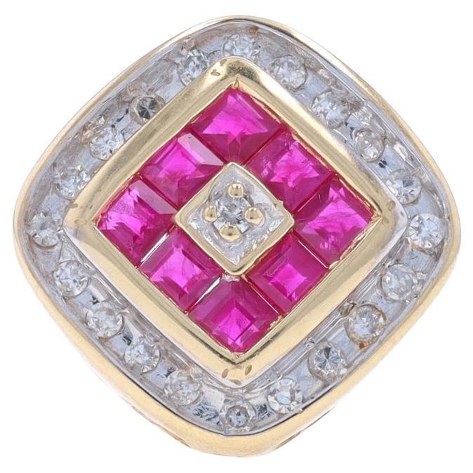 Yellow Gold Ruby & Diamond Cluster Halo Slide Pendant - 14k Square .79ctw