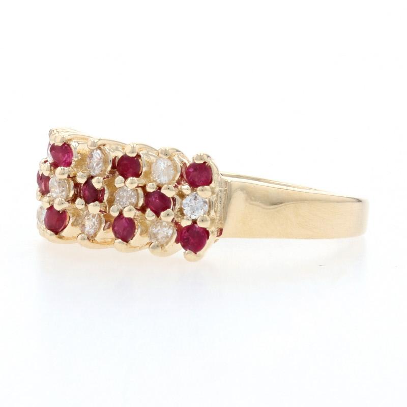 Size: 5 1/4
 Sizing Fee: Down 2 sizes for $20 or Up 2 sizes for $25
 
 Metal Content: 14k Yellow Gold
 
 Stone Information: 
 Genuine Rubies
 Treatment: Heating
 Carat(s): .57ctw
 Cut: Round
 Color: Red
 
 Natural Diamonds
 Carat(s): .32ctw
 Cut: