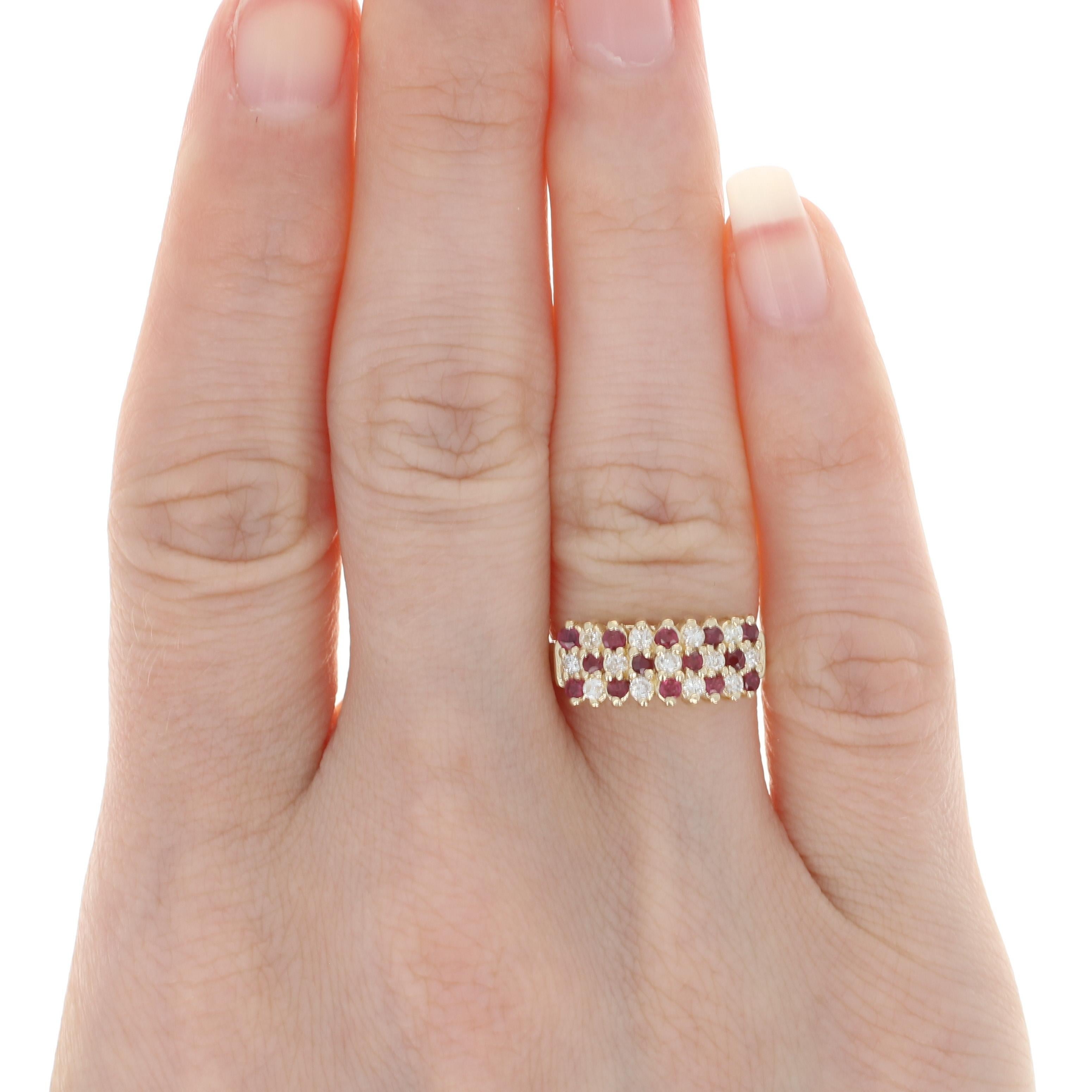Uncut Yellow Gold Ruby & Diamond Cluster Ring - 14k Round .89ctw Tiered Checkerboard