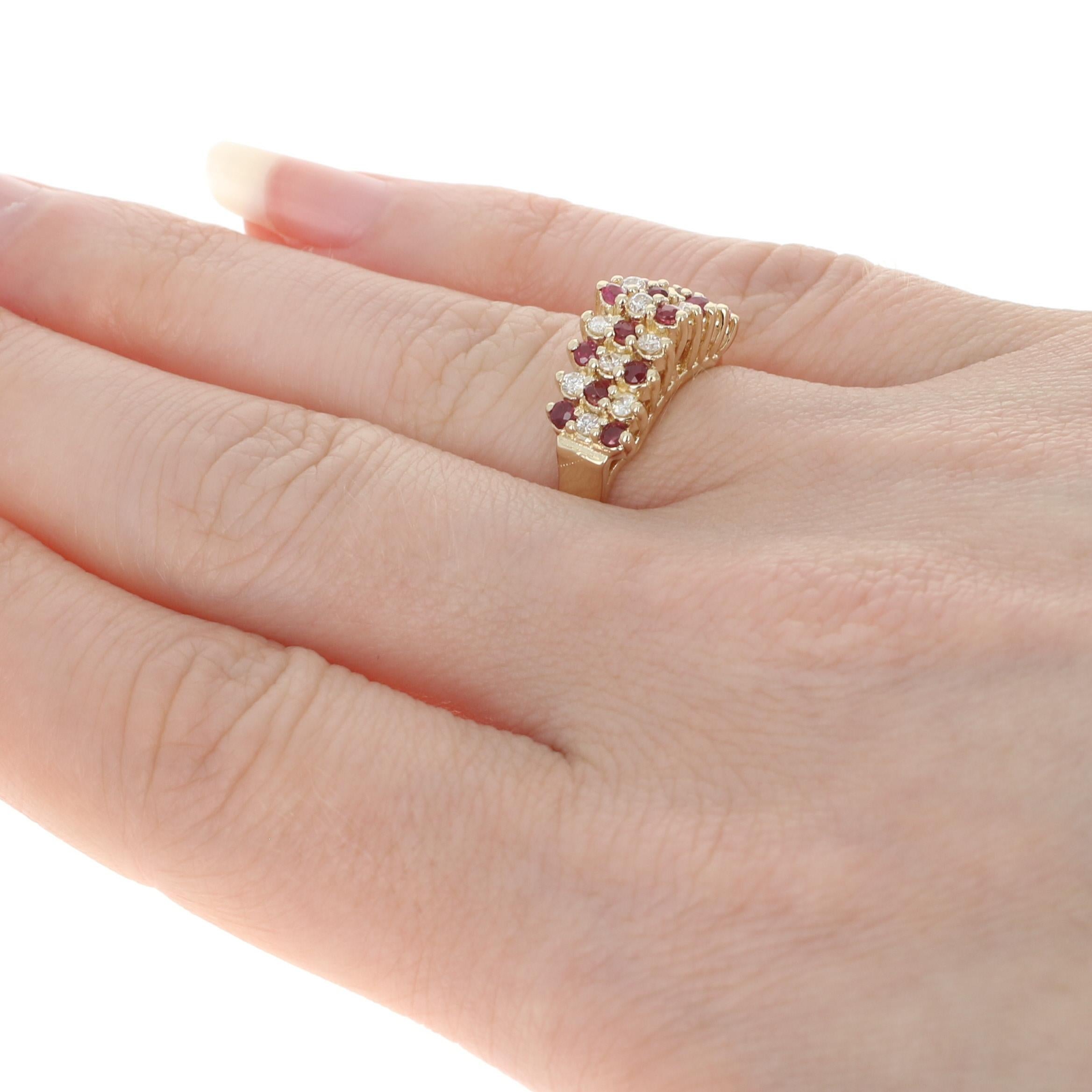 Yellow Gold Ruby & Diamond Cluster Ring - 14k Round .89ctw Tiered Checkerboard In Excellent Condition In Greensboro, NC