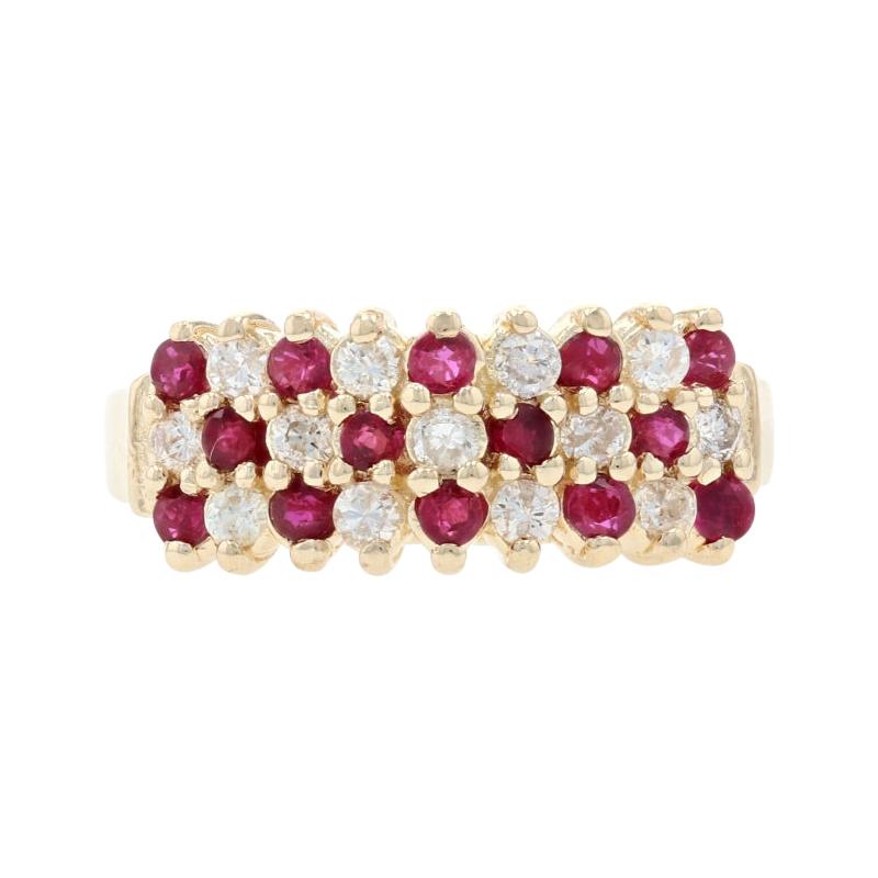 Yellow Gold Ruby & Diamond Cluster Ring - 14k Round .89ctw Tiered Checkerboard