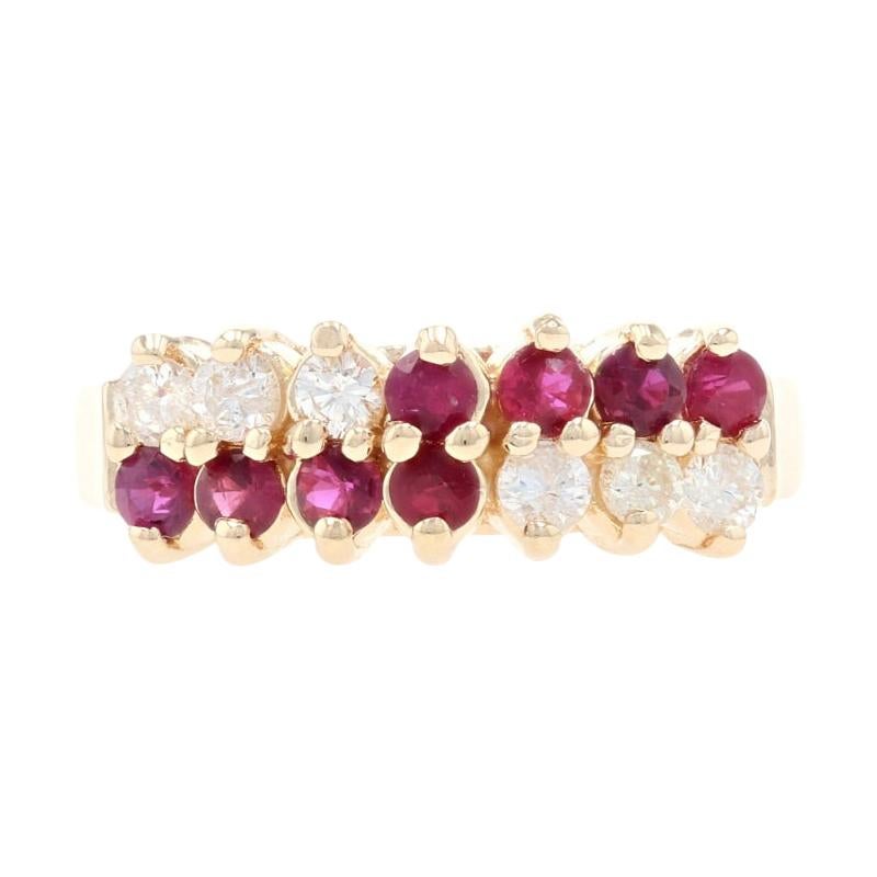 Yellow Gold Ruby & Diamond Cluster Ring, 14k Round Brilliant Cut .64ctw Tiered For Sale