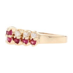 Vintage Yellow Gold Ruby & Diamond Cluster Ring, 14k Round Cut .70ctw Tiered