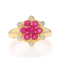 Yellow Gold Ruby Diamond Cluster Ring - 18k Round 1.13ctw Floral