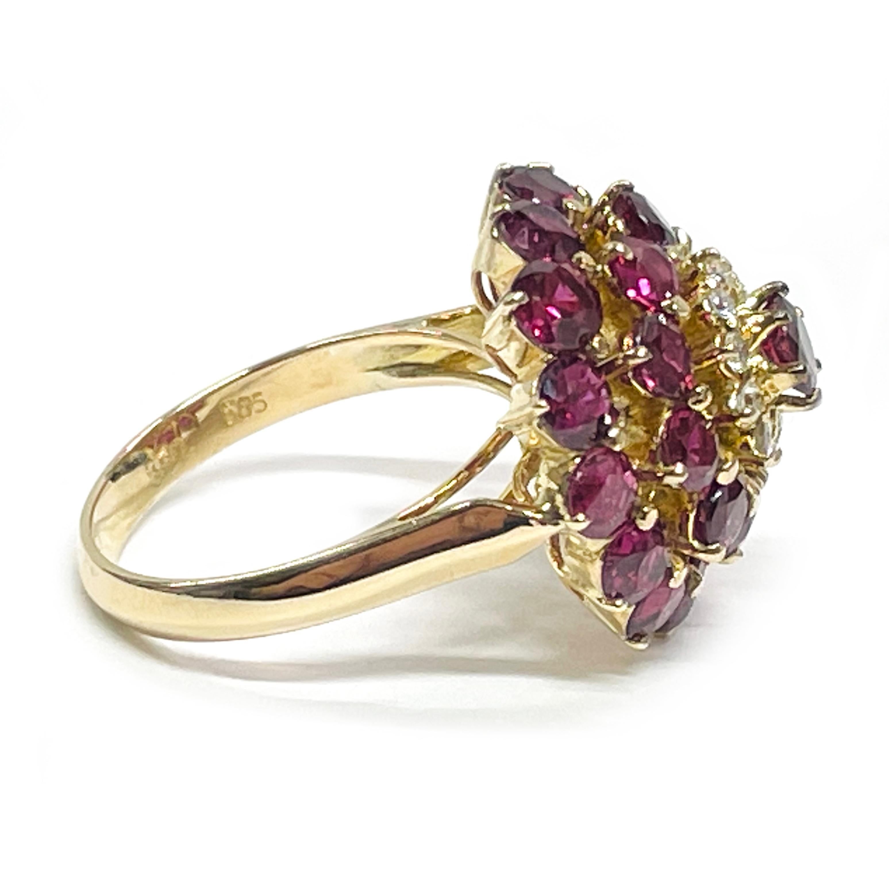 Retro Yellow Gold Ruby Diamond Cluster Ring For Sale