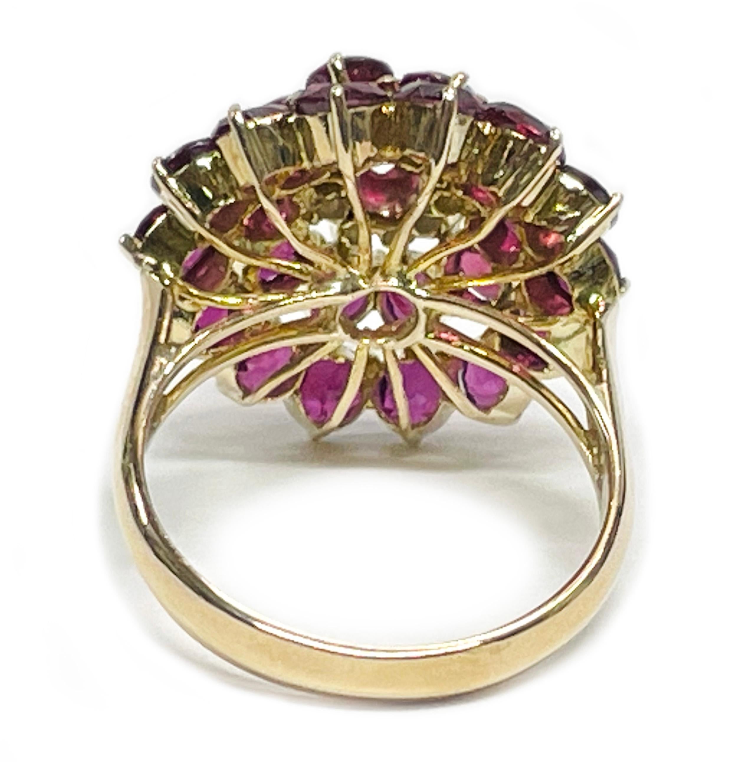 Round Cut Yellow Gold Ruby Diamond Cluster Ring For Sale