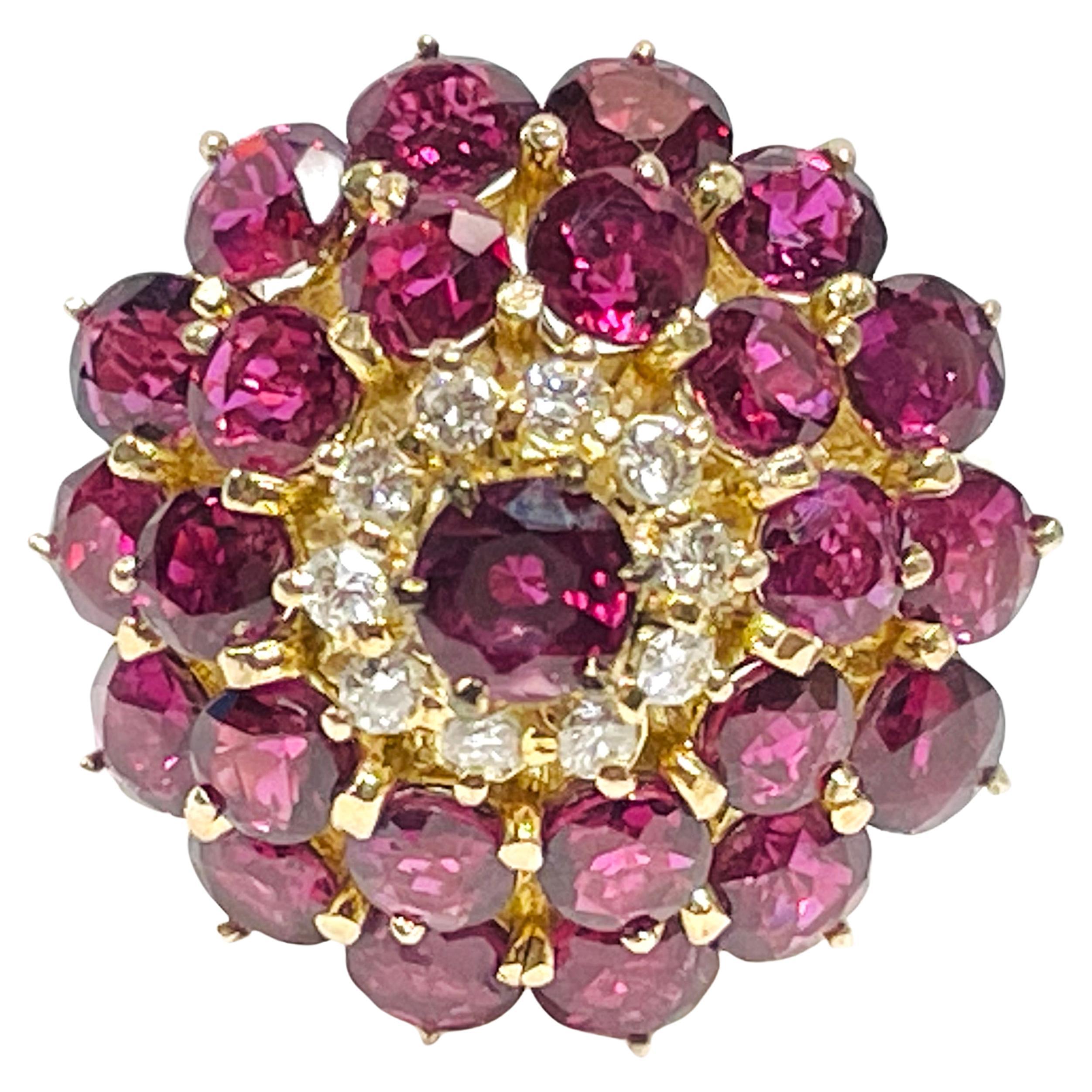 Yellow Gold Ruby Diamond Cluster Ring For Sale